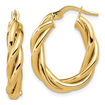 14K Yellow Gold Twisted Oval Hoop Earrings