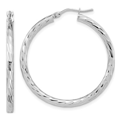 14K White Gold 35mm Diamond-Cut Hoop Earrings