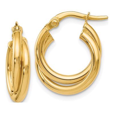 14K Yellow Gold 15mm Twisted Double Hoop Earrings