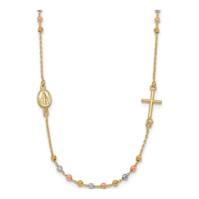 14K Tri-Color Gold Sideways Cross Rosary Necklace