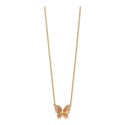 14K Yellow Gold Pink Enamel Butterfly Pendant Necklace – view 3