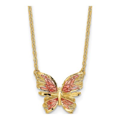 14K Yellow Gold Pink Enamel Butterfly Pendant Necklace