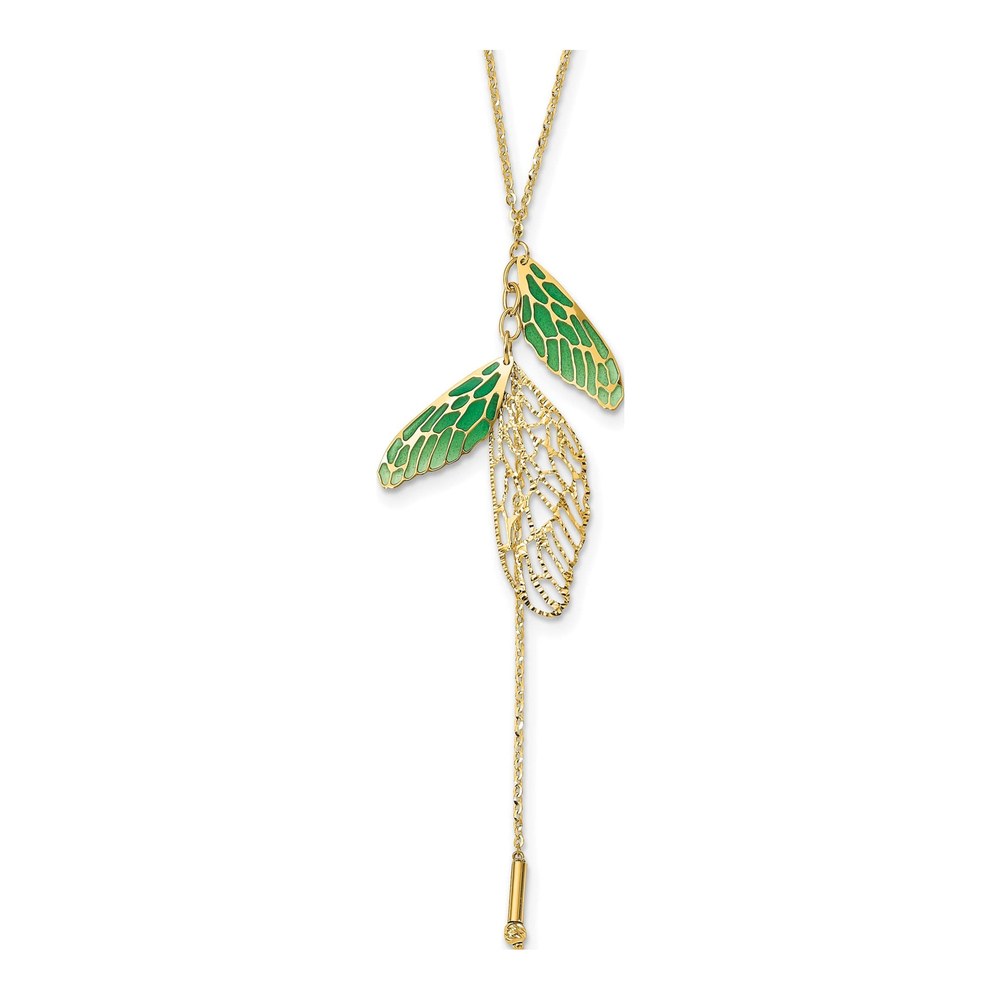 14K Yellow Gold Green Enamel Butterfly Wing Pendant Necklace