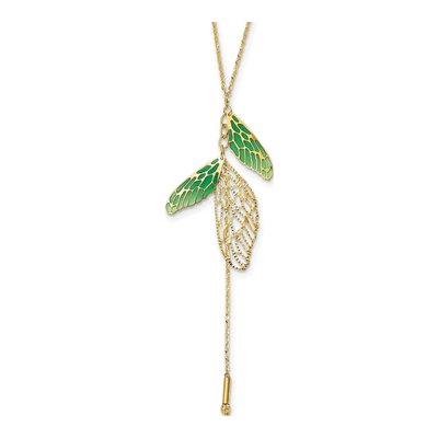 14K Yellow Gold Green Enamel Butterfly Wing Pendant Necklace