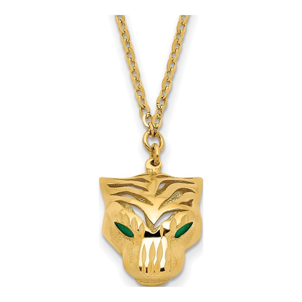 14K Yellow Gold Green Enamel Tiger Pendant Necklace