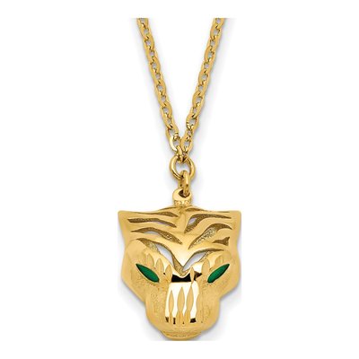 14K Yellow Gold Green Enamel Tiger Pendant Necklace