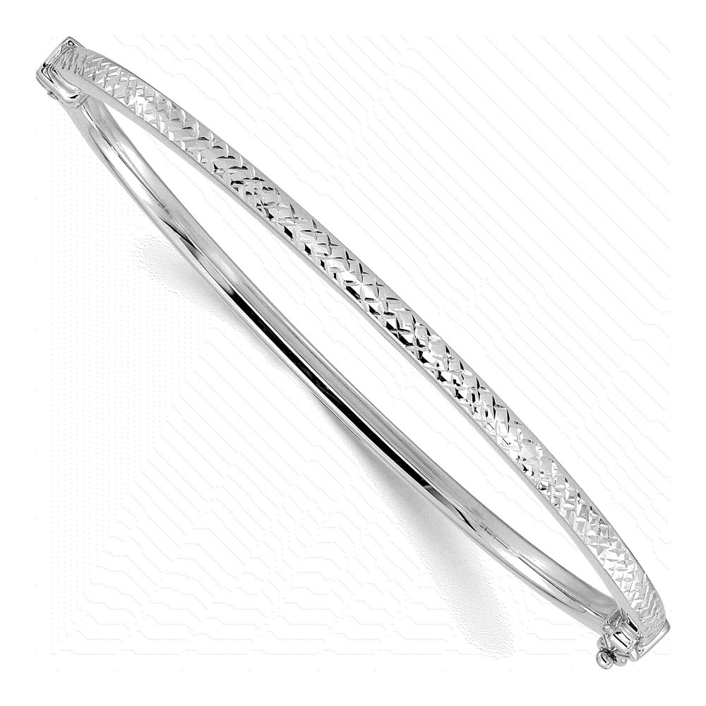 14K White Gold Diamond-Cut Hinged Bangle Bracelet