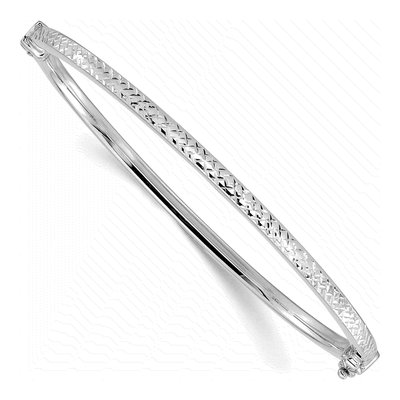 14K White Gold Diamond-Cut Hinged Bangle Bracelet