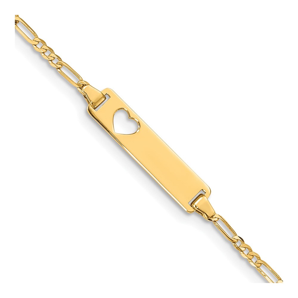 14K Polished Solid Chain/solid Plate Figaro Link Cut-Out Heart 20x5mm Plate 7 Inch Id Bracelet with Lobster Clasp