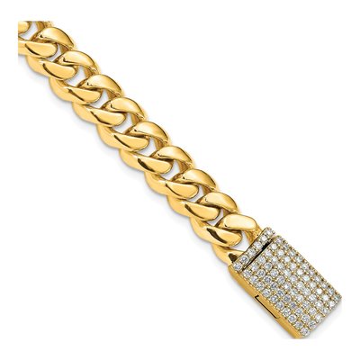 14K Yellow Gold 8.7mm Diamond-Clasp Miami Link Chain Bracelet