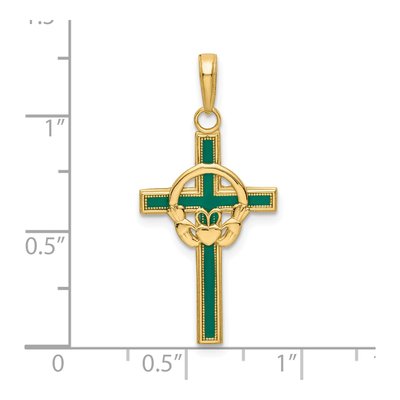 14K Yellow Gold Green Enamel Claddagh Cross Pendant – view 4