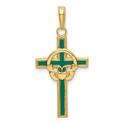 14K Yellow Gold Green Enamel Claddagh Cross Pendant