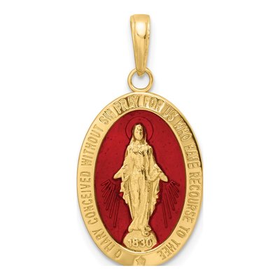 14K Yellow Gold Red Enamel Miraculous Medal Pendant