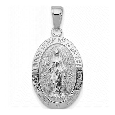 14K White Gold Miraculous Medal Oval Pendant
