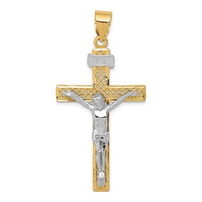 14K Two-Tone Gold Lattice Cross Crucifix Pendant