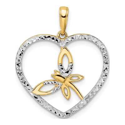 14K Yellow Gold Diamond-Cut Dragonfly Heart Pendant