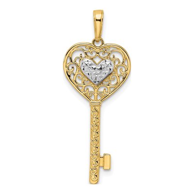 14K Yellow Gold Diamond-Cut Heart Key Pendant