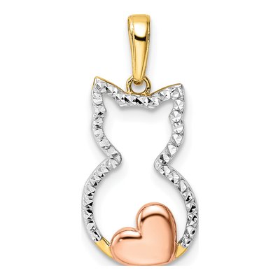 14K Yellow Gold Diamond-Cut Cat Heart Pendant