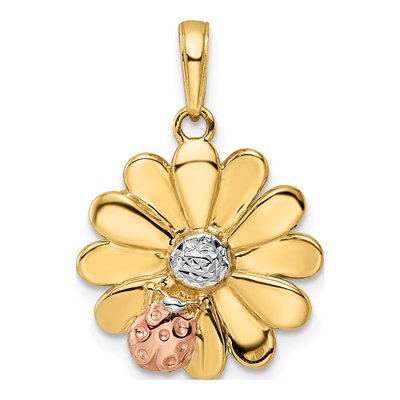 14K Yellow Gold Diamond-Cut Ladybug on Flower Pendant