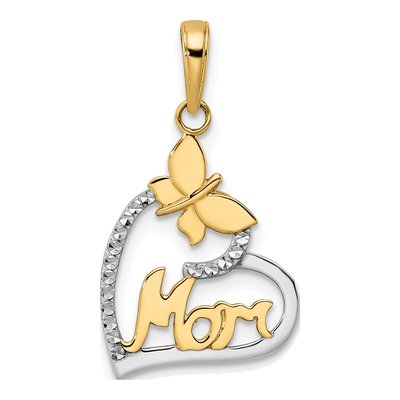 14K Yellow Gold Diamond-Cut Butterfly MOM Heart Pendant