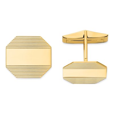 14K Yellow Gold Men's Rectangular Octagon W/ Line Design Cuff Links