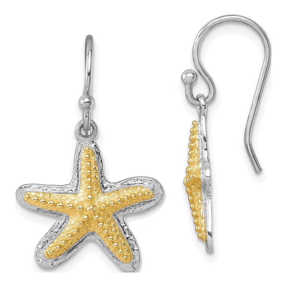 Sterling Silver Rhodium-Plated Polished Gold-Tone Star Fish Dangle Earrings