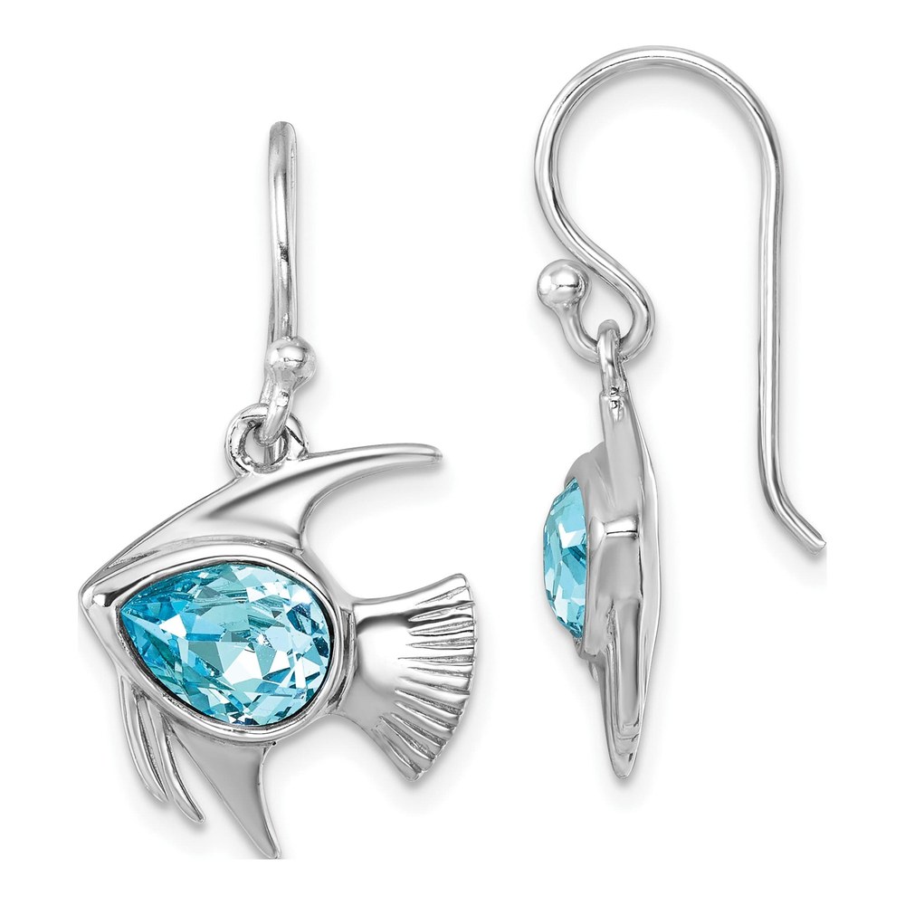 Sterling Silver Rhodium-Plated Polished Blue Crystal Angel Fish Dangle Earr