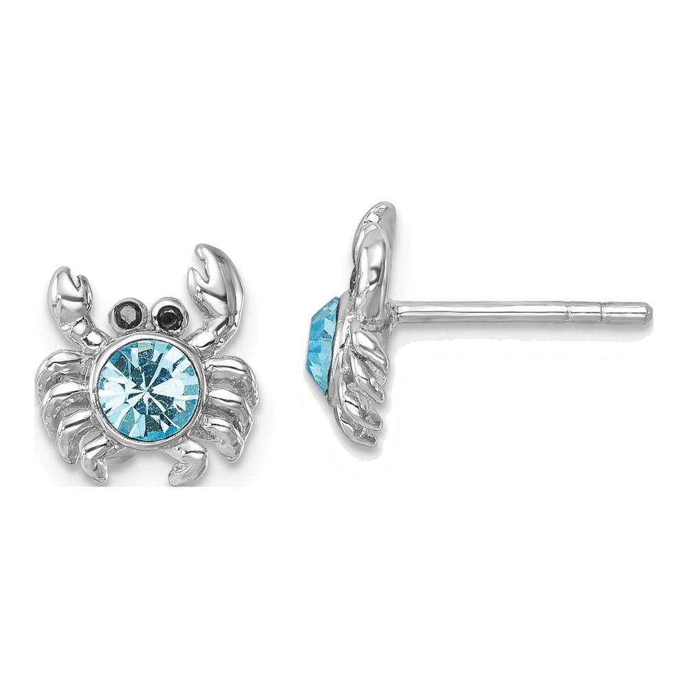 Sterling Silver Rhodium-Plated Polished Blue Crystal Crab Post Earrings