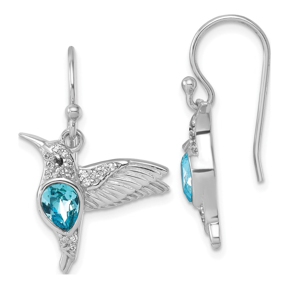 Sterling Silver Rhodium-Plated Polished Crystal Inlay Hummingbird Dangle Earrings