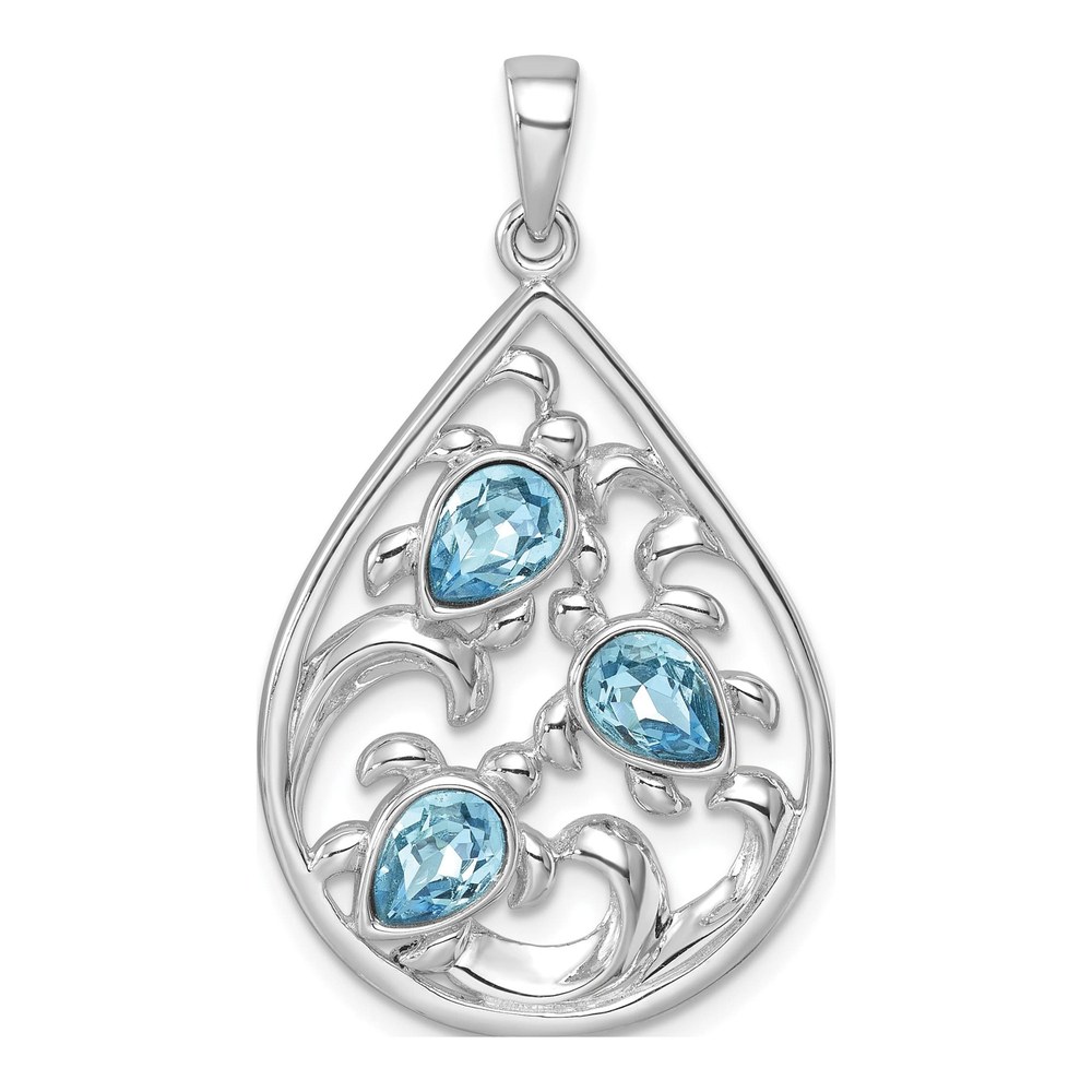 Sterling Silver Rhodium-Plated Polished Triple Crystal Turtle Ocean Wave Pendant