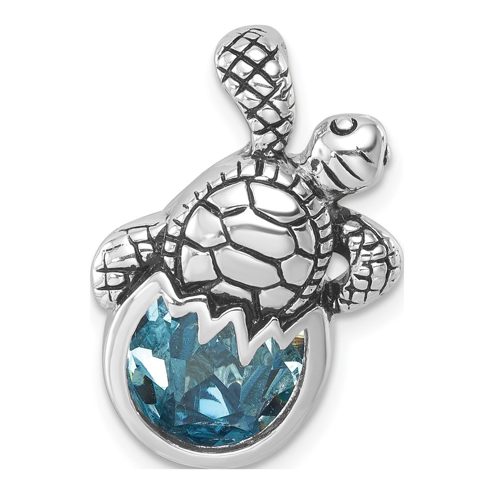 Sterling Silver Rhodium-Plated Antiqued Crystal Hatching Turtle Pendant