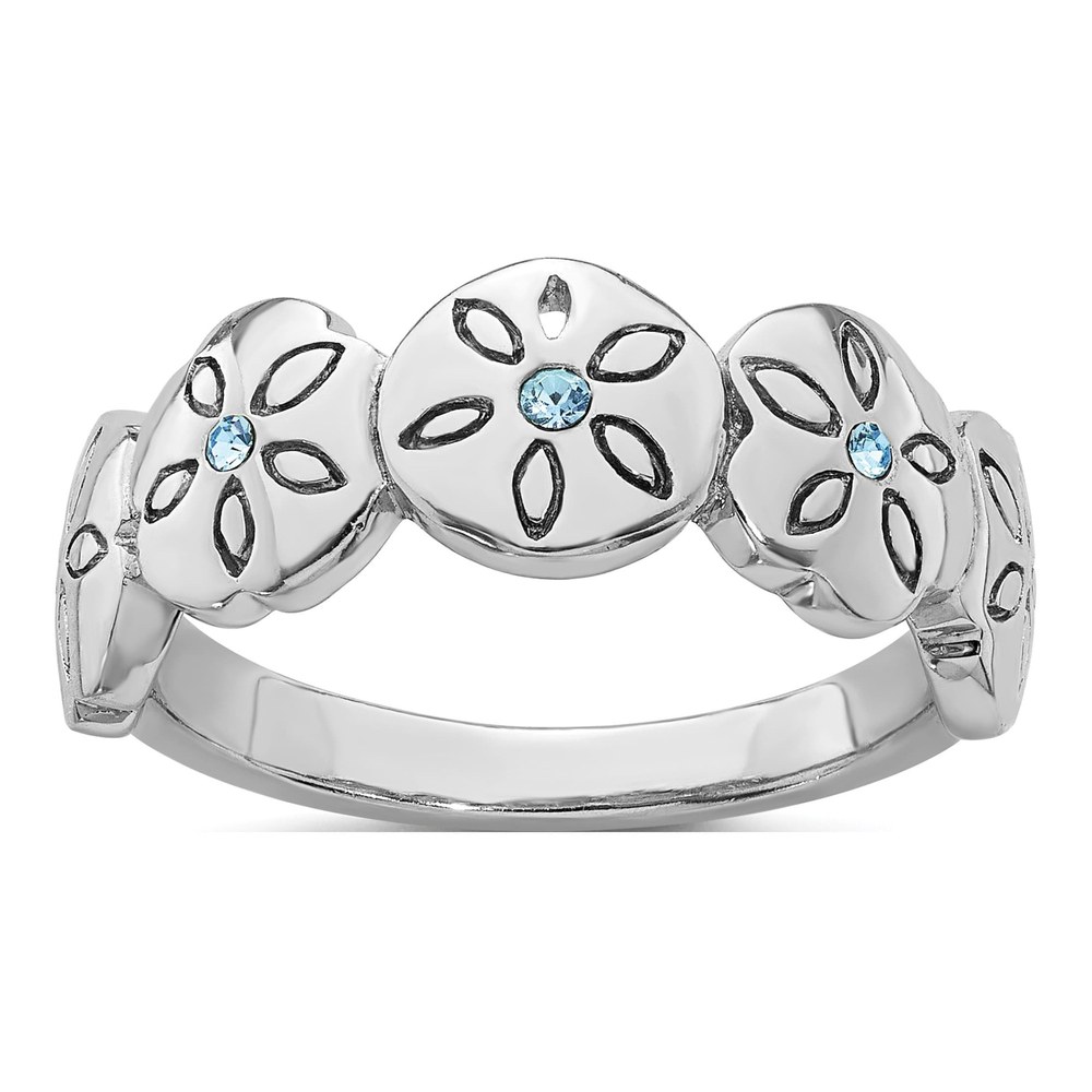 Sterling Silver Rhodium-Plated Polished Blue Crystal 5 Sand Dollar Ring