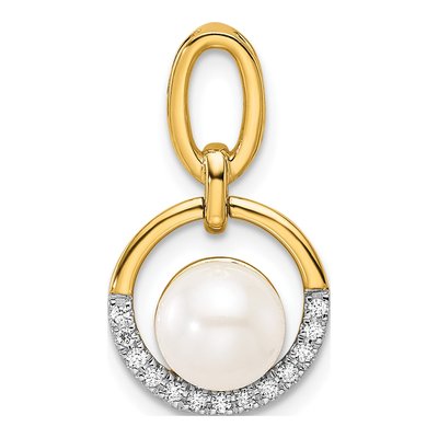 14K Yellow Gold 1/15 ct tw Freshwater Cultured Pearl & Diamond Open Circle Pendant