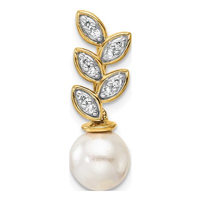 14K Yellow Gold 1/15 ct tw Freshwater Cultured Pearl & Diamond Leaf Charm