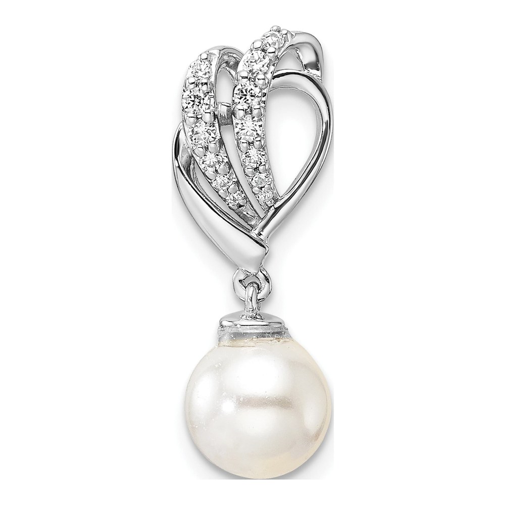 14K White Gold Rhodium-Plated Polished 1/10 Carat Diamond And White Freshwater Cultured Pearl Chain Slide