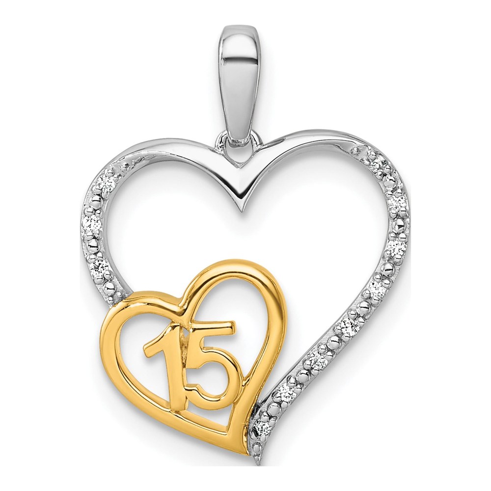 14K Two-Tone Polished 1/20 Carat Diamond Quinceanera 15 Heart Pendant