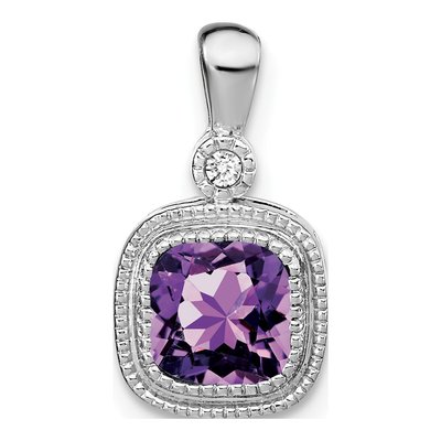 14K White Gold Amethyst & Diamond Cushion Pendant