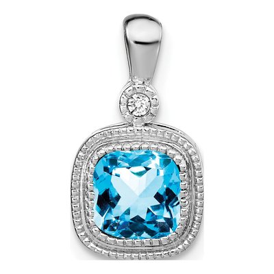 14K White Gold Swiss Blue Topaz & Diamond Cushion Pendant