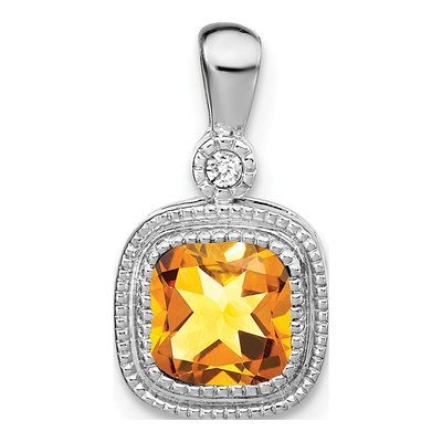14K White Gold Citrine & Diamond Cushion Pendant