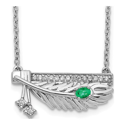 14K White Gold 1/15 ct tw Emerald & Diamond Bar Feather Pendant Necklace