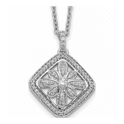 14K White Gold 1/4 ct tw Diamond Vintage Floral Pendant Necklace
