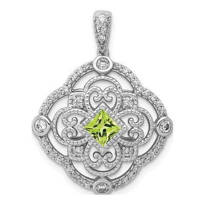 14K White Gold 0.37 ct tw Peridot & Diamond Filigree Pendant