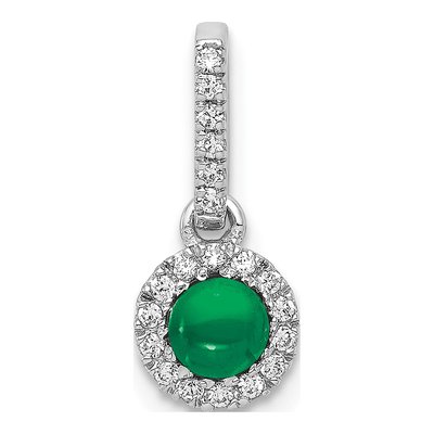 14K White Gold 1/10 ct tw Emerald & Diamond Cabochon Halo Pendant