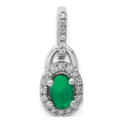 14K White Gold 1/8 ct tw Emerald & Diamond Halo Cabochon Pendant