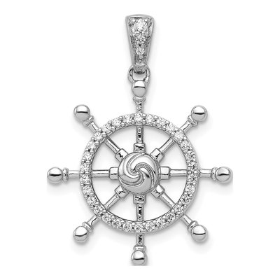 14K White Gold 1/6 ct tw Diamond Ship Wheel Pendant