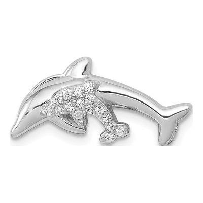 14K White Gold 1/15 ct tw Diamond Mother Baby Dolphins Slide Pendant