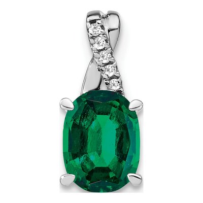 14K White Gold Lab-Created Emerald & Diamond Oval Pendant