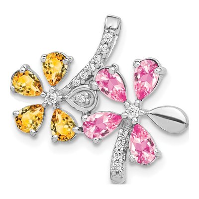 14K White Gold 1/10 ct tw Pink Tourmaline & Citrine Flower Slide Pendant