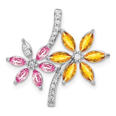 14K White Gold 1/8 ct tw Citrine & Pink Tourmaline Flower Slide Pendant