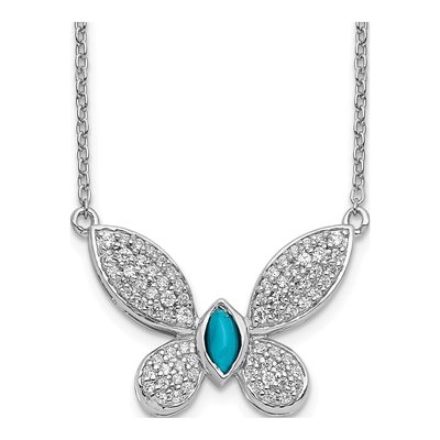 14K White Gold 1/3 ct tw Turquoise & Diamond Butterfly Pendant Necklace